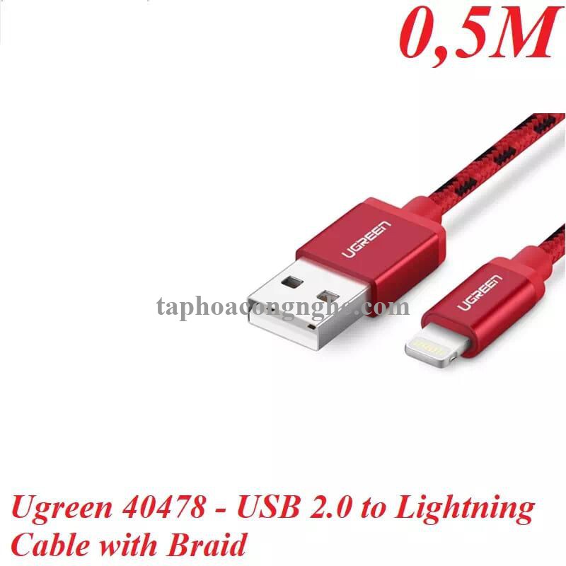 Ugreen 40478 0.5M màu Đỏ Cáp Lightning sạc + truyền dữ liệu cho iPhone US247 30040478